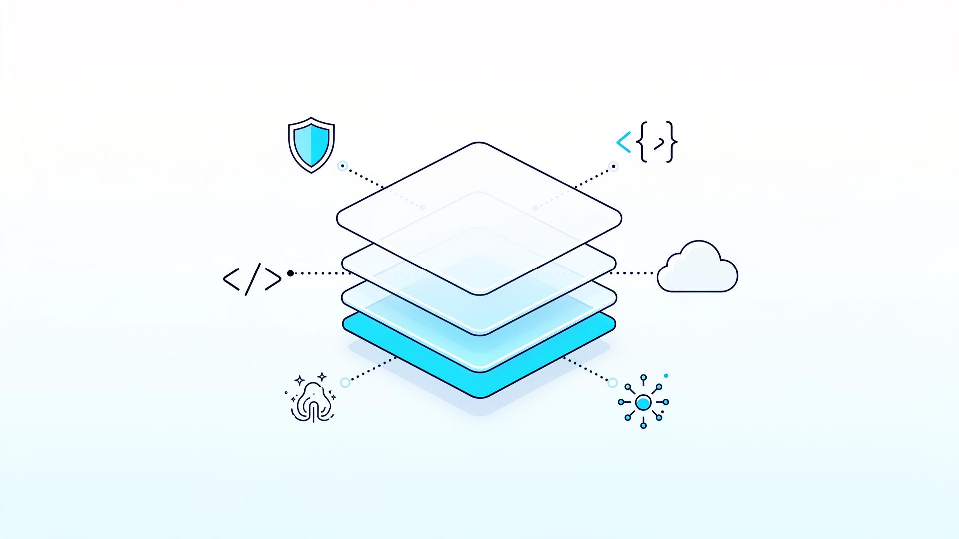 Flat illustration of a layered digital platform connected to security, code, cloud, and AI glyphs - representing Cape Ann's full-stack capabilities
